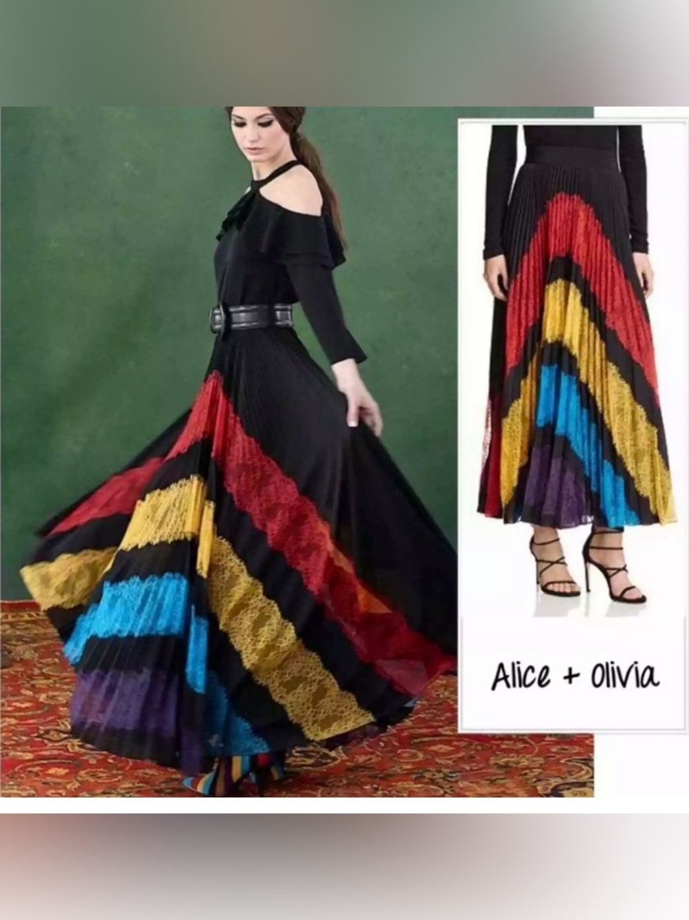 Alice + Olivia Romona Pleated Maxi Skirt Sz 4 Rainbow Lace Panel Black Mesh Long - Picture 2 of 16